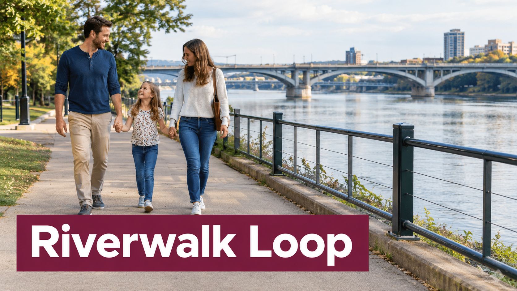 A happy family walking together along a paved path next to a river with a bridge behind