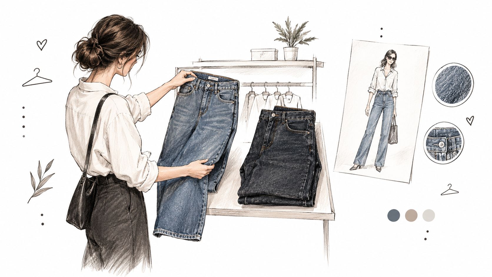A woman shopping for denim jeans in a stylish boutique store with sketches and clothing racks displayed.