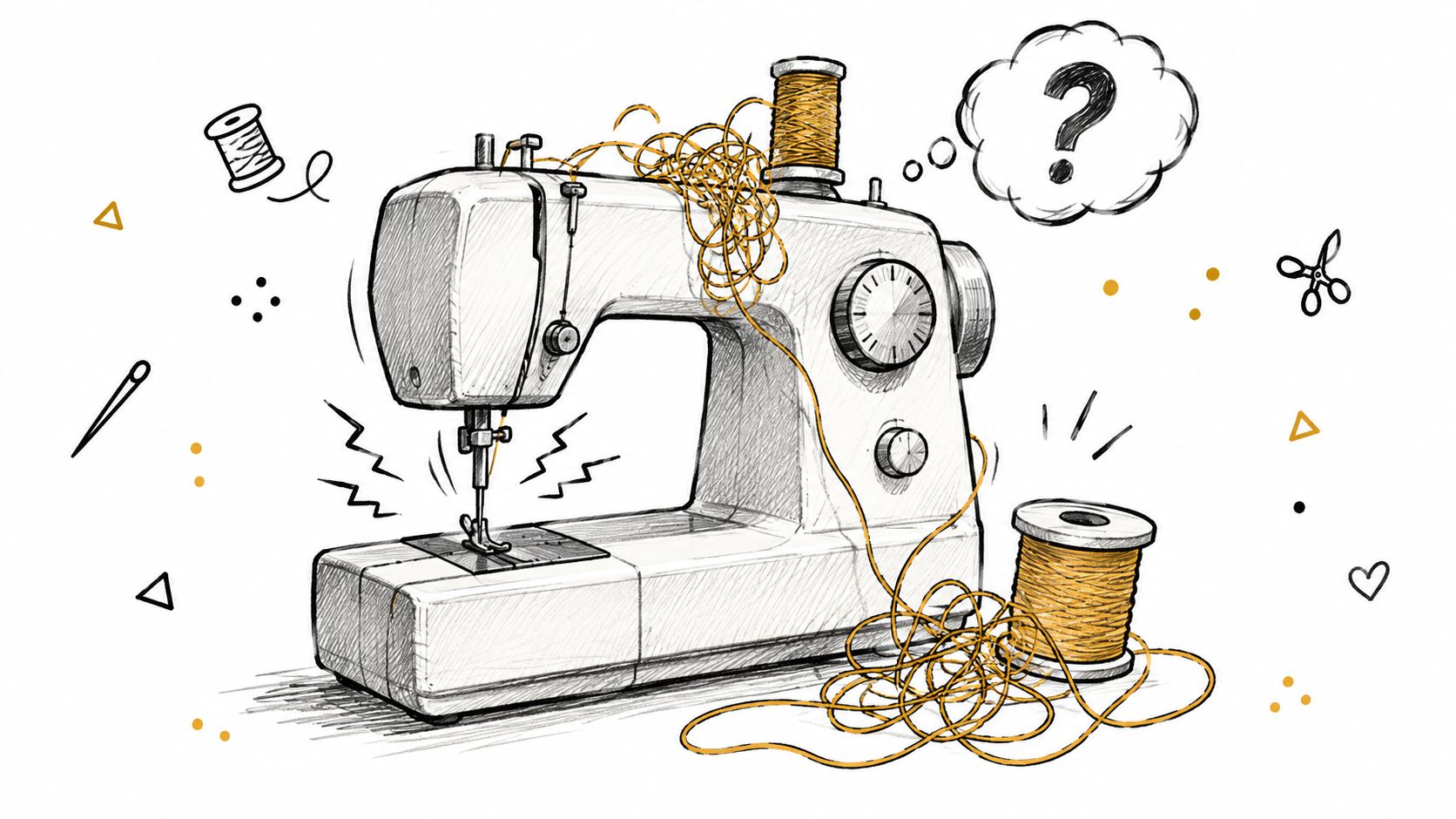 A hand-drawn sketch of a sewing machine with tangled yellow thread and a question mark above.