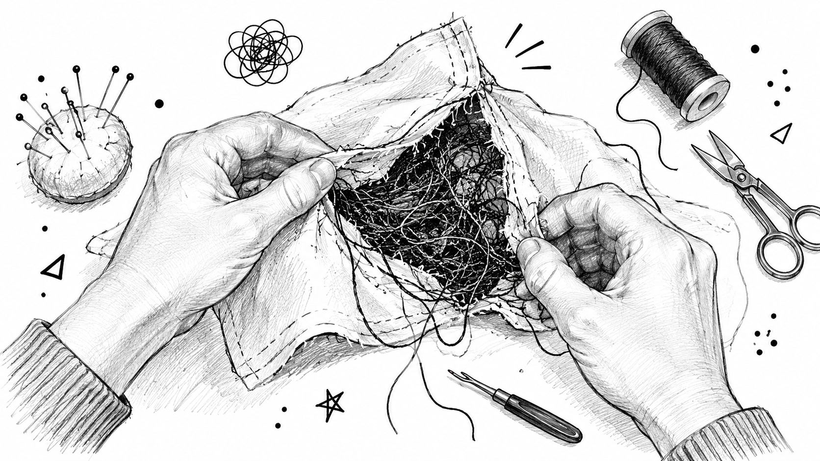 A detailed illustration of a person's hands pulling apart fabric filled with a tangled mess of sewing thread.