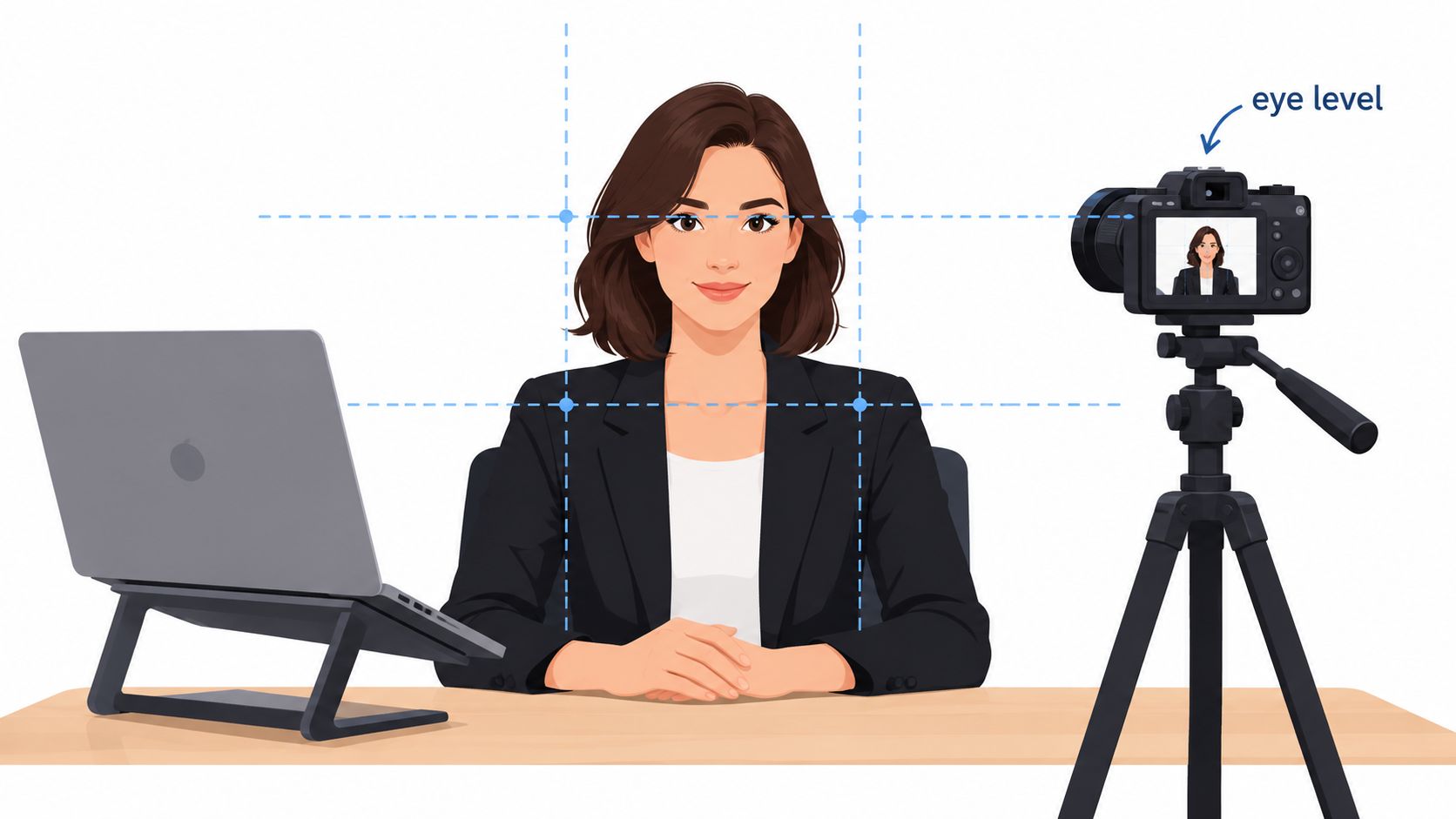 A woman positioned correctly for video conferencing, with her eye level aligned to the camera lens.