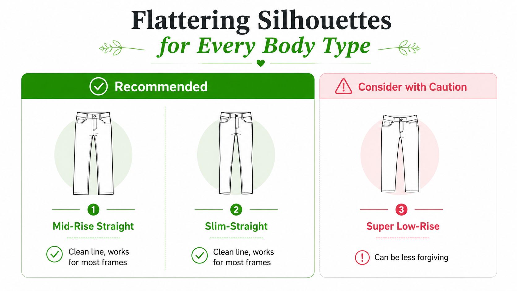 A chart illustrating recommended and cautious styles of jeans for different body types in white background.