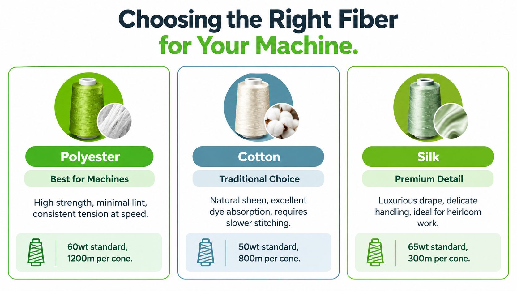 A comparison chart showing three types of sewing threads: polyester, cotton, and silk, with their characteristics.