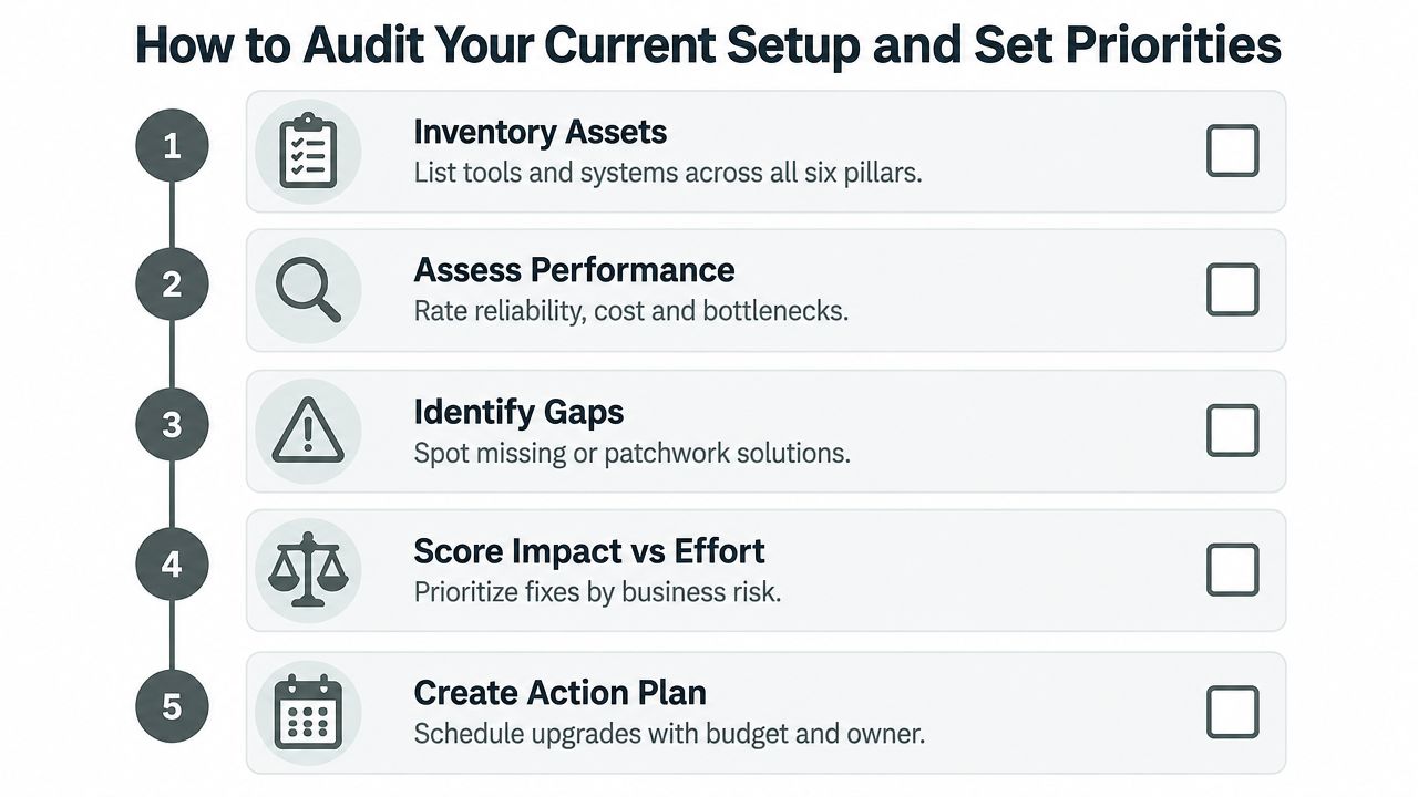 A five-step instructional guide on how to audit current business infrastructure and set operational priorities.