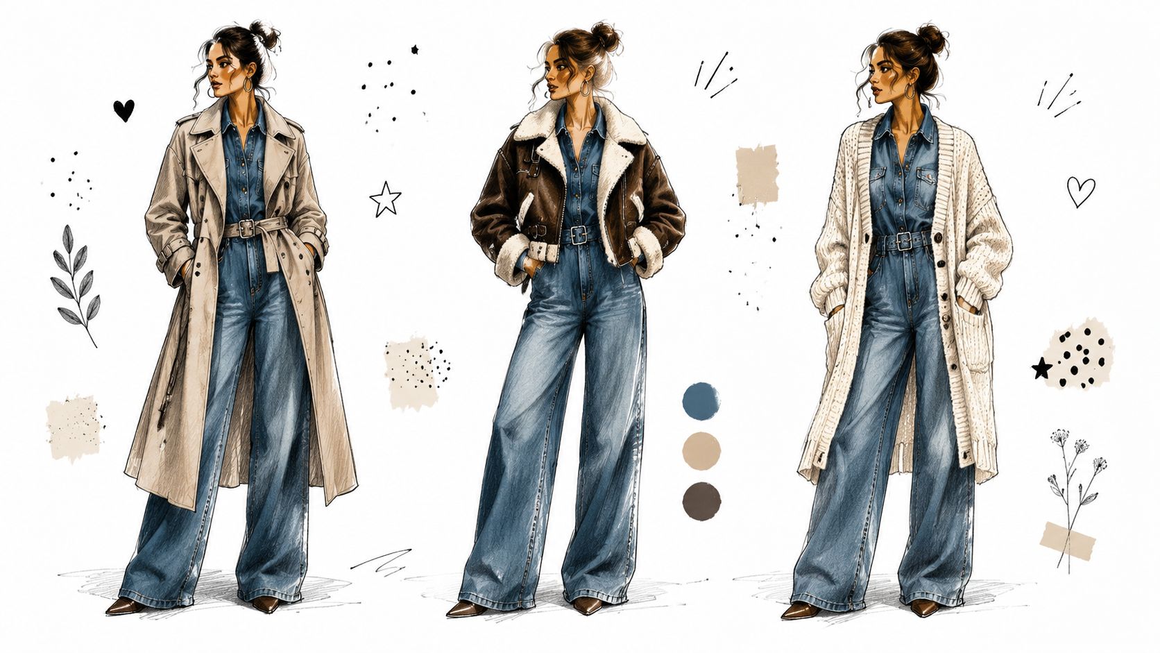 A fashion illustration showcasing three stylish ways to wear a denim jumpsuit layered with winter outerwear.
