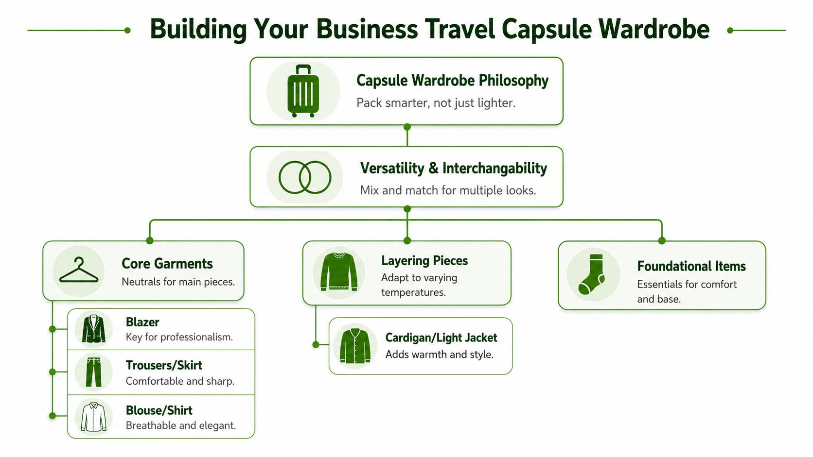 An infographic titled Building Your Business Travel Capsule Wardrobe showcasing tips for organizing professional travel clothing efficiently.