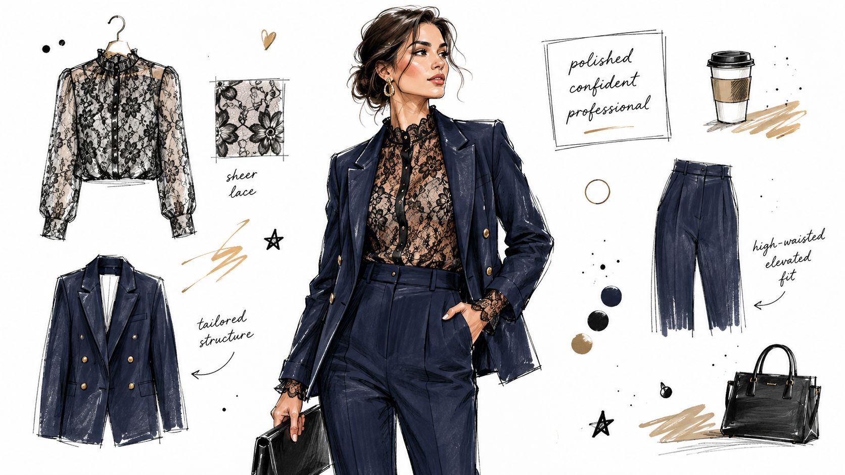A fashion illustration featuring a woman in a navy suit and lace top with accessory sketches