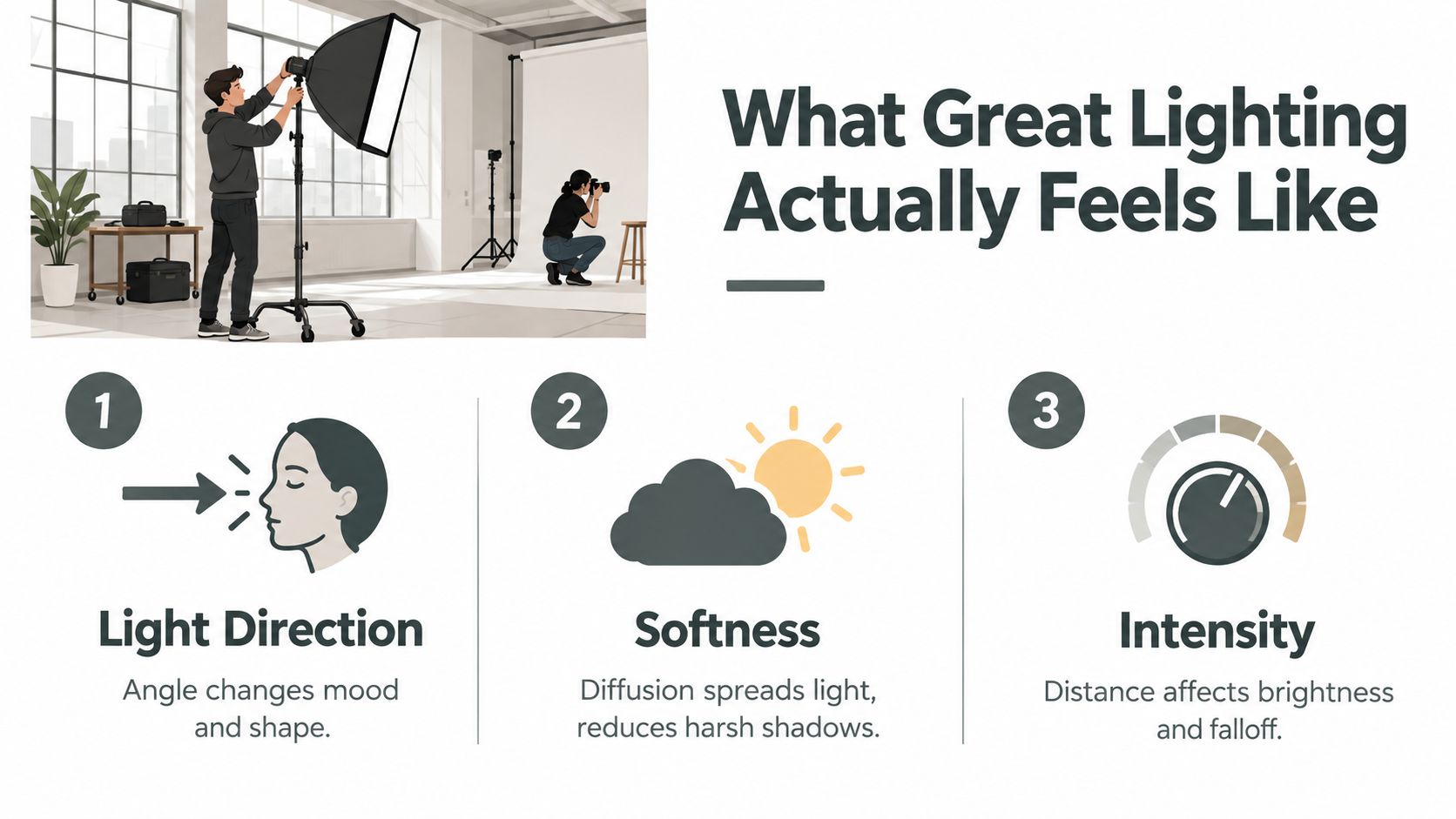 A studio photography guide illustrating three key principles of lighting: direction, softness, and intensity for photographers.