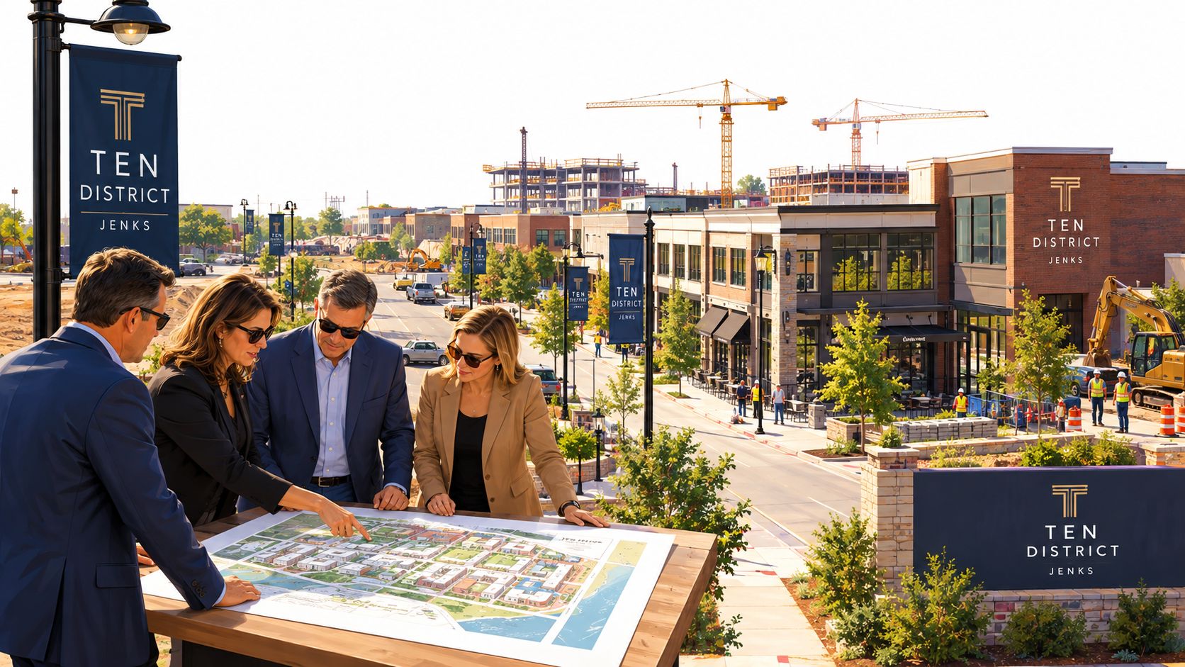 A professional team reviews a large development plan for the Ten District business area in Jenks, Oklahoma.