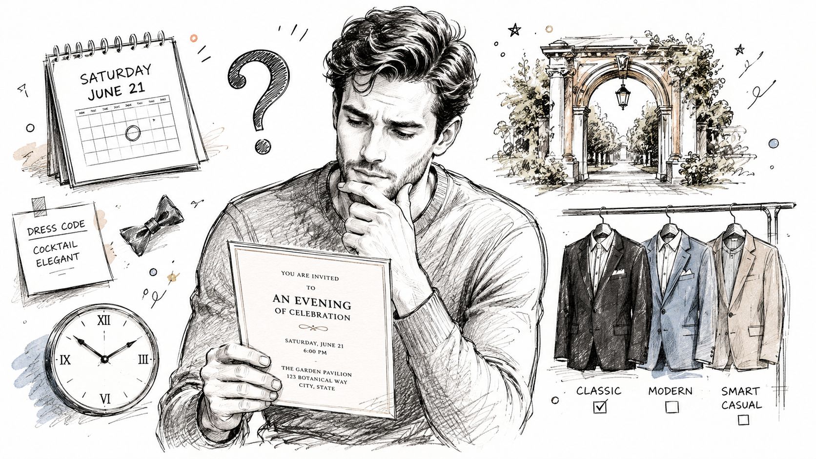 A man thoughtfully looking at an event invitation while considering his outfit for a formal celebration.