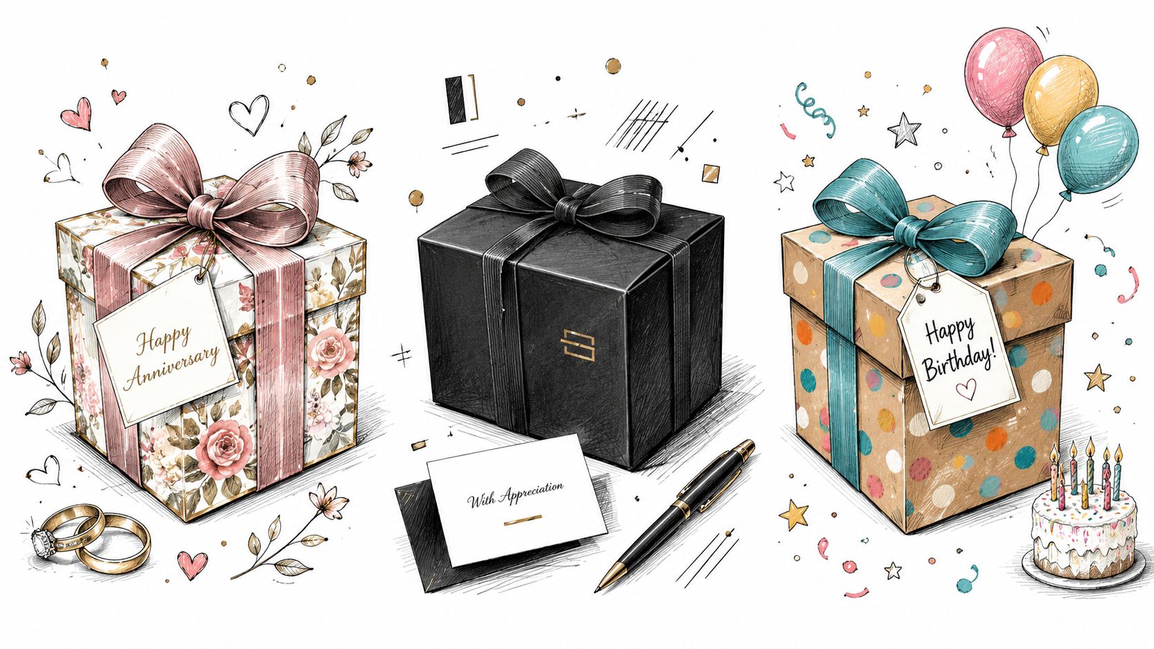 A digital illustration featuring three distinct gift boxes for anniversary, appreciation, and birthday celebrations on white.