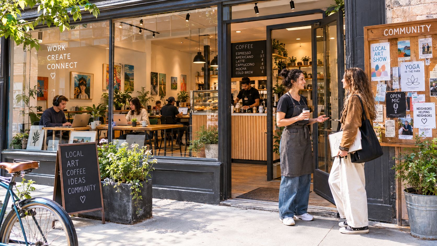 A friendly barista talks to a customer outside a modern urban coffee shop with community activity flyers.