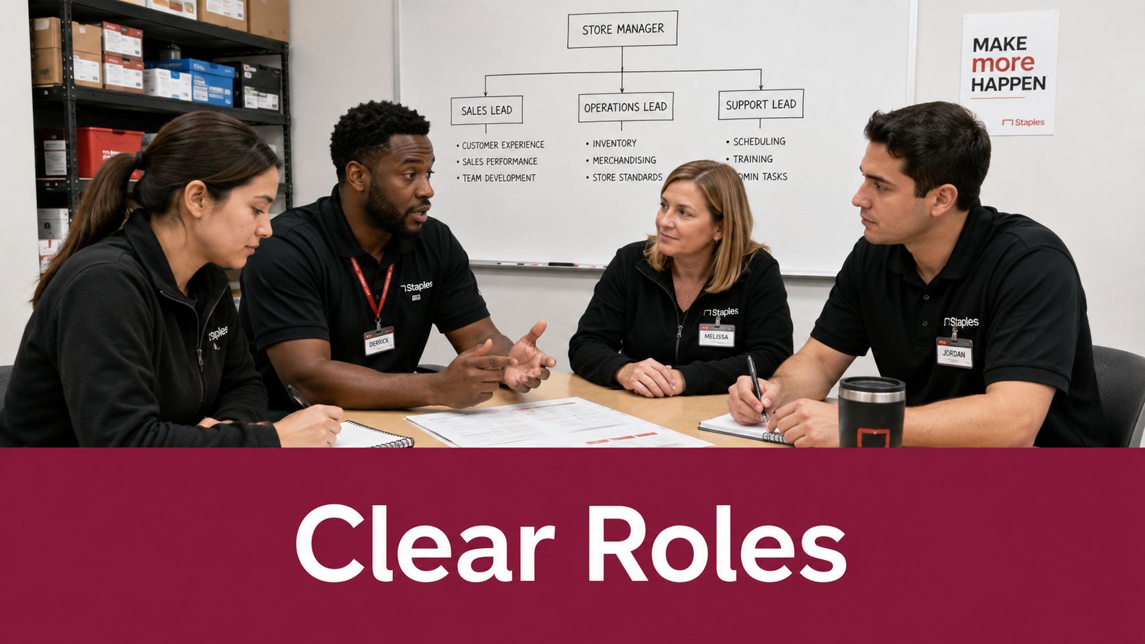 A team of four office employees collaborating around a table while discussing a store organization chart.
