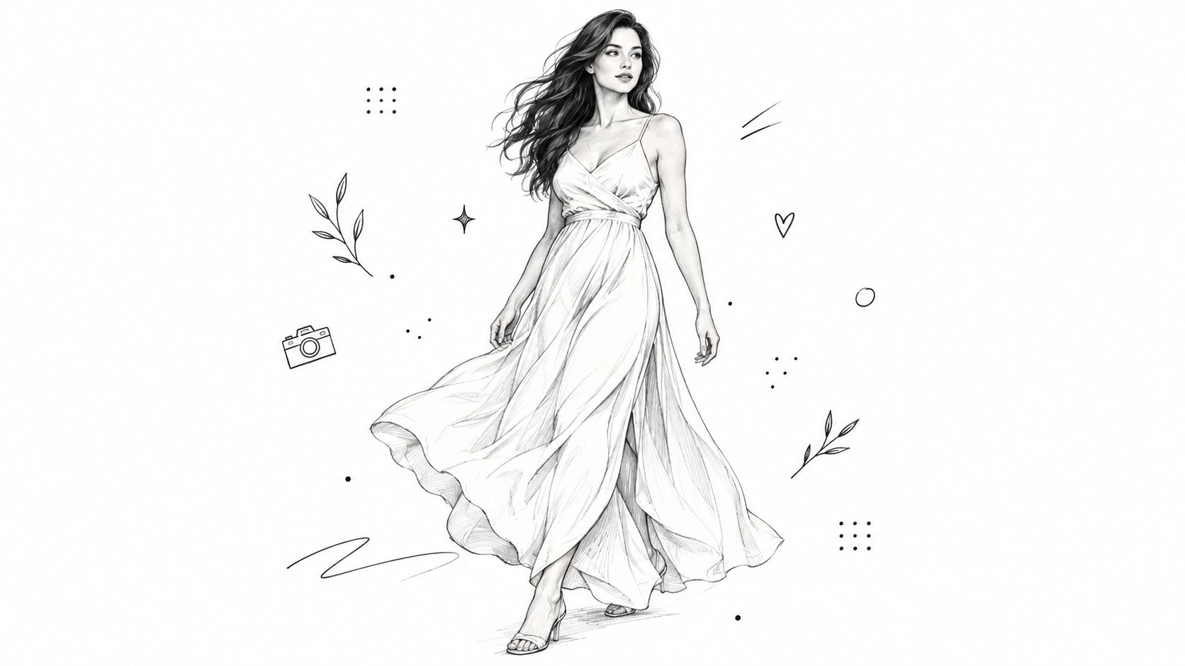 A pencil sketch of a beautiful woman wearing an elegant long white dress with decorative graphic elements.