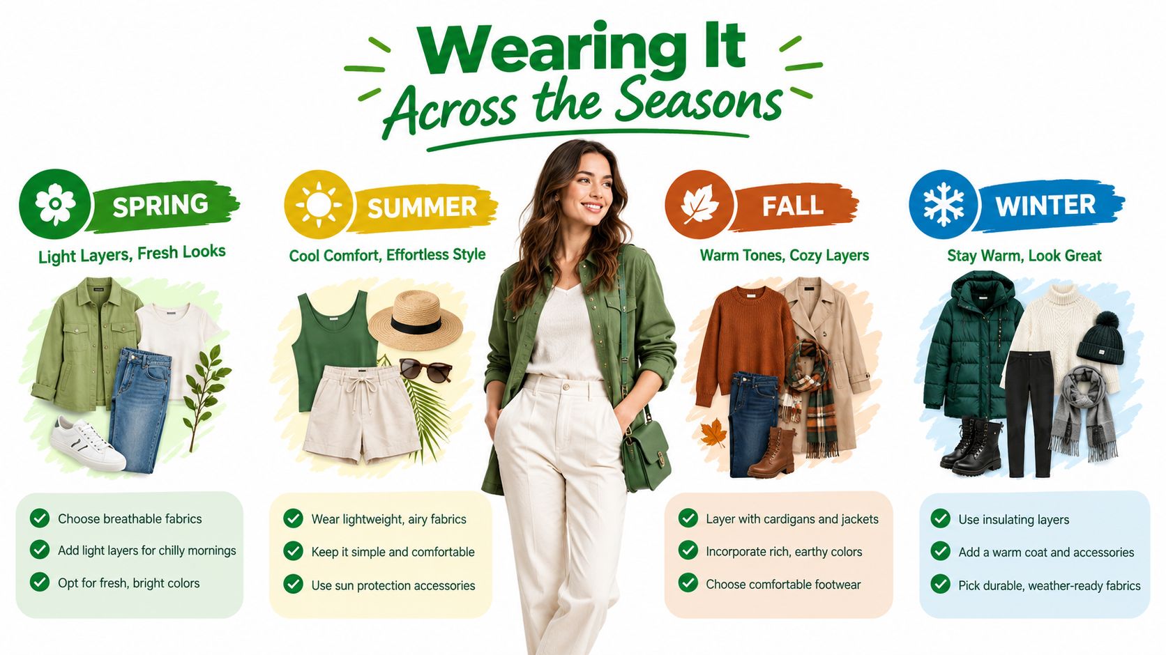 A fashion infographic displaying clothing style tips for all four seasons, including spring, summer, fall, and winter.