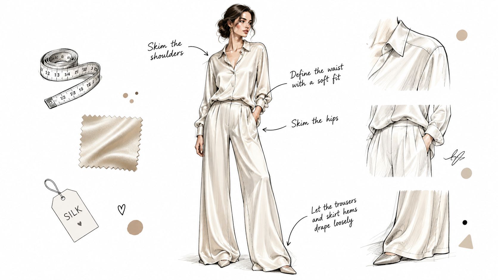 A fashion illustration showing a woman wearing a silk matching set with styling notes and fabric details.