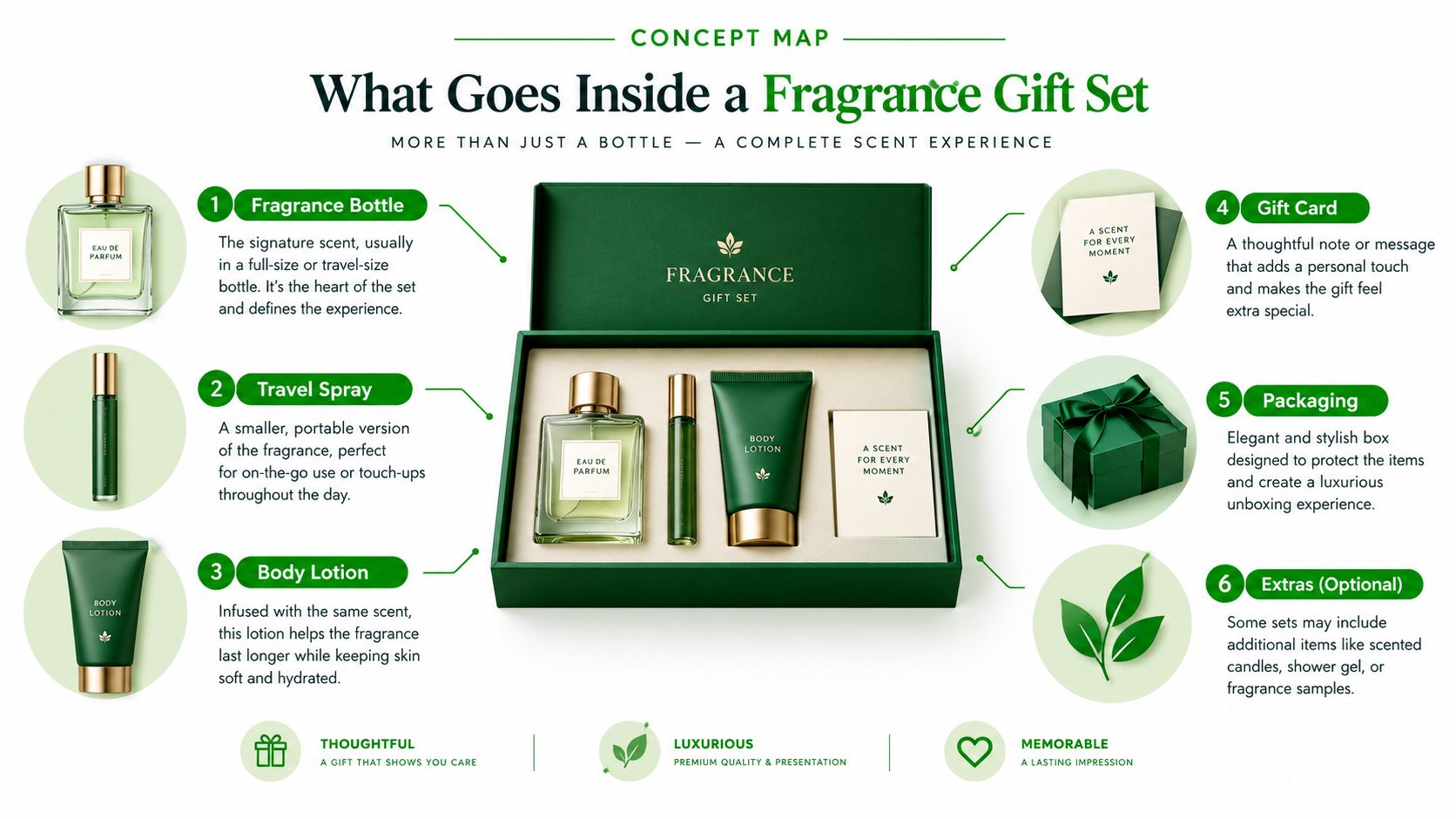 A concept map showing the components of a fragrance gift set including perfume, lotion, and packaging.