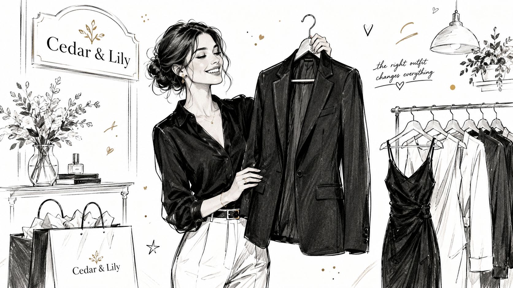 A stylish woman in a boutique holding a black blazer with clothing racks and shopping bags.