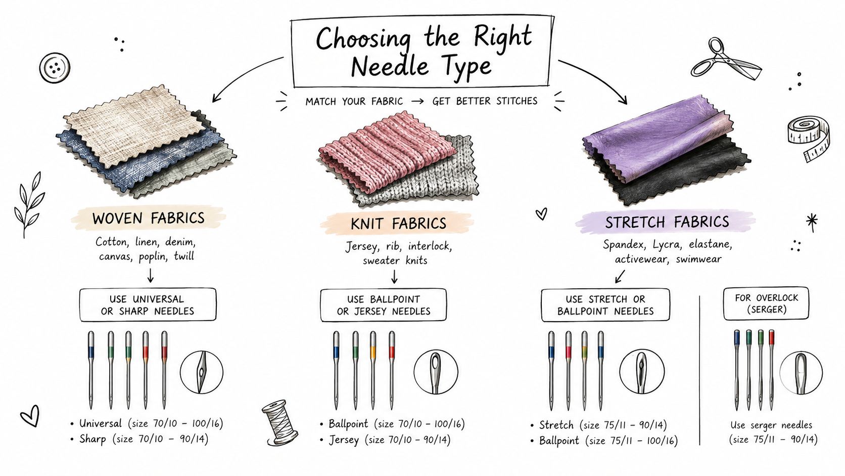 A helpful infographic guide on choosing the correct sewing machine needle type based on woven, knit, or stretch fabric.