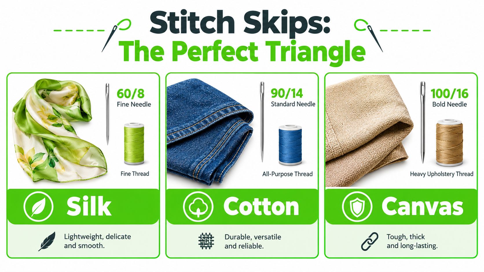 A guide showing the correct needle sizes and thread types for sewing silk, cotton, and canvas fabrics.