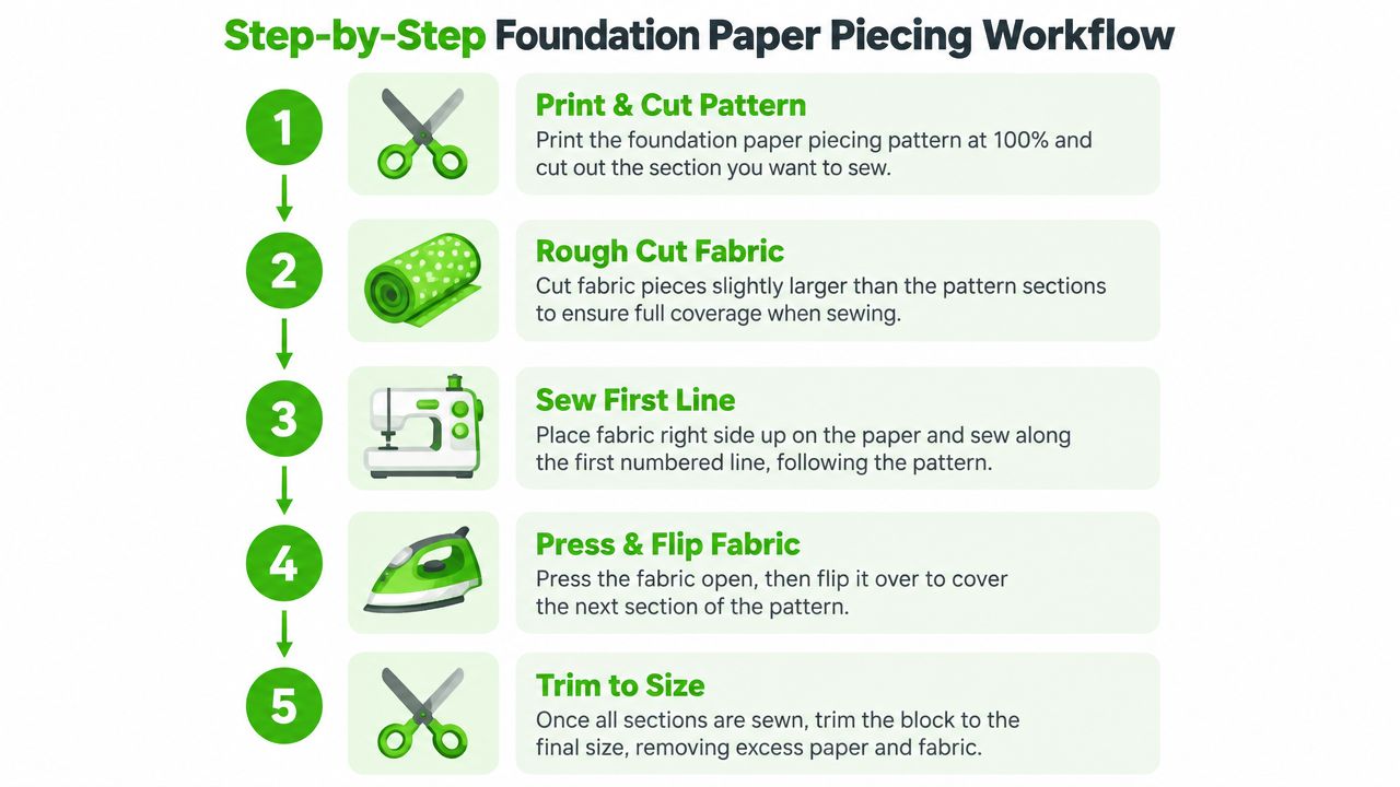 A step-by-step infographic illustrating the five stages of the foundation paper piecing workflow for sewing projects.