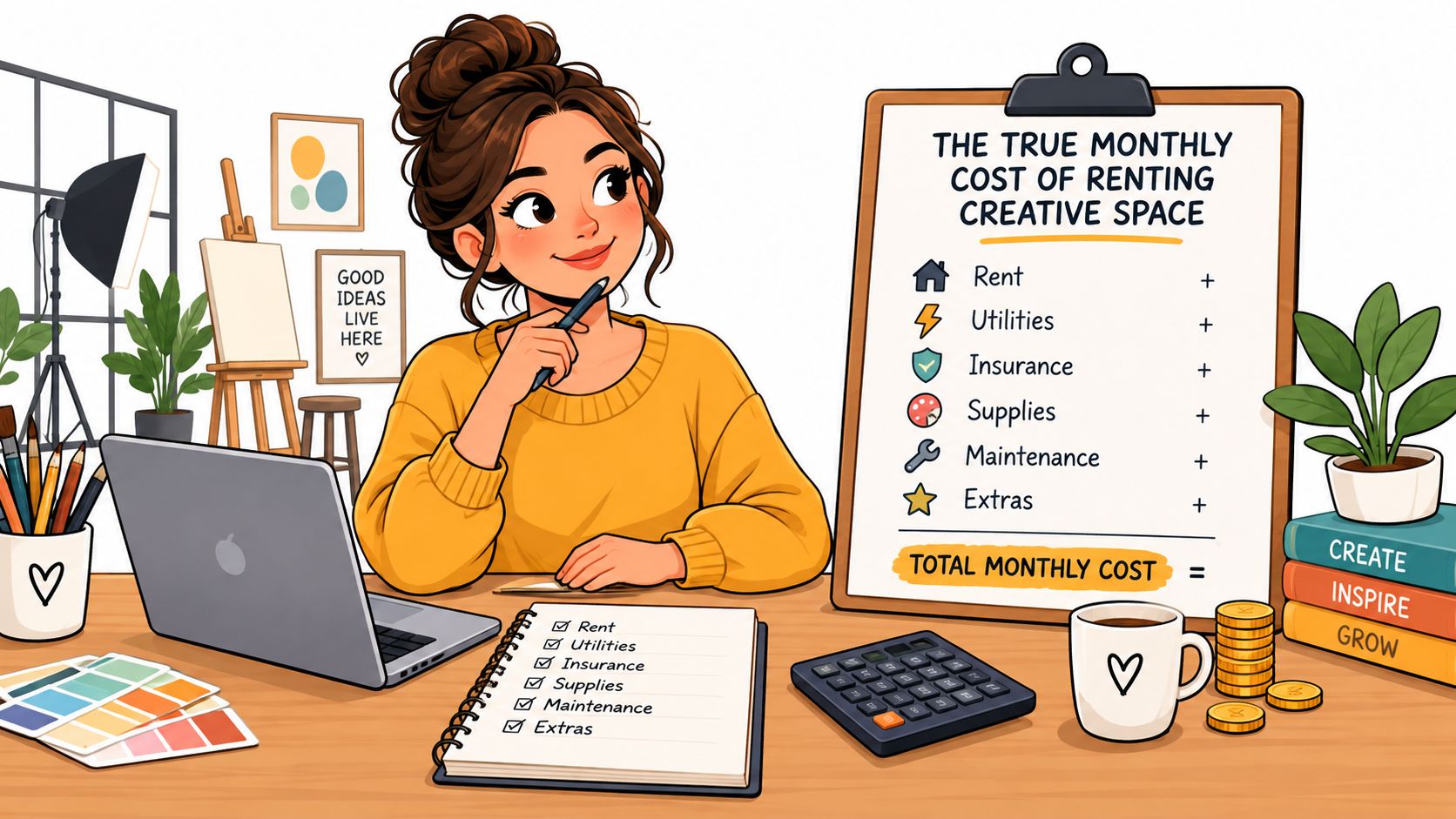 A creative woman at a desk calculating the monthly costs of renting a studio space for work.