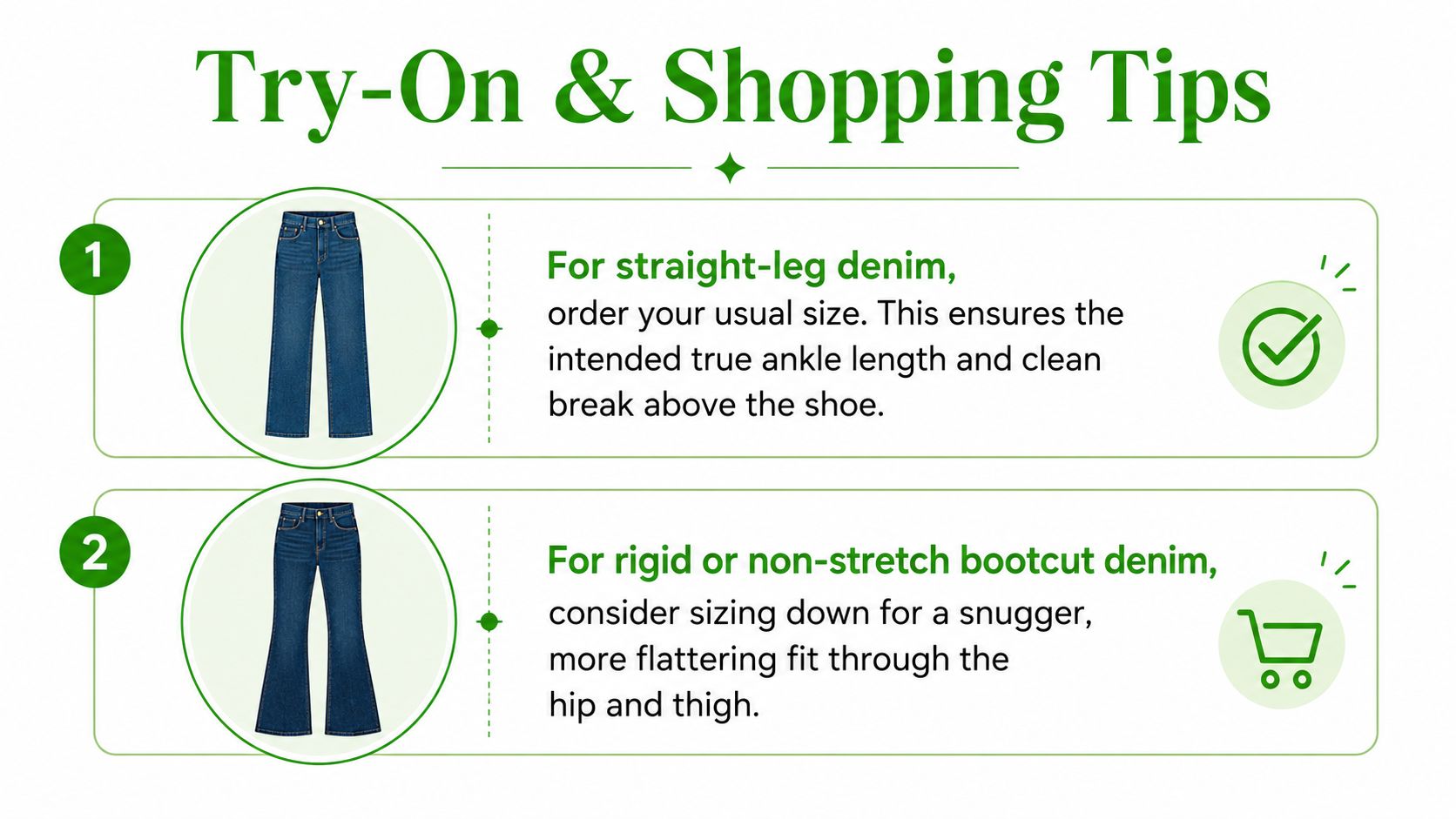 An infographic showing fitting and shopping advice for straight-leg jeans and rigid non-stretch bootcut denim styles.