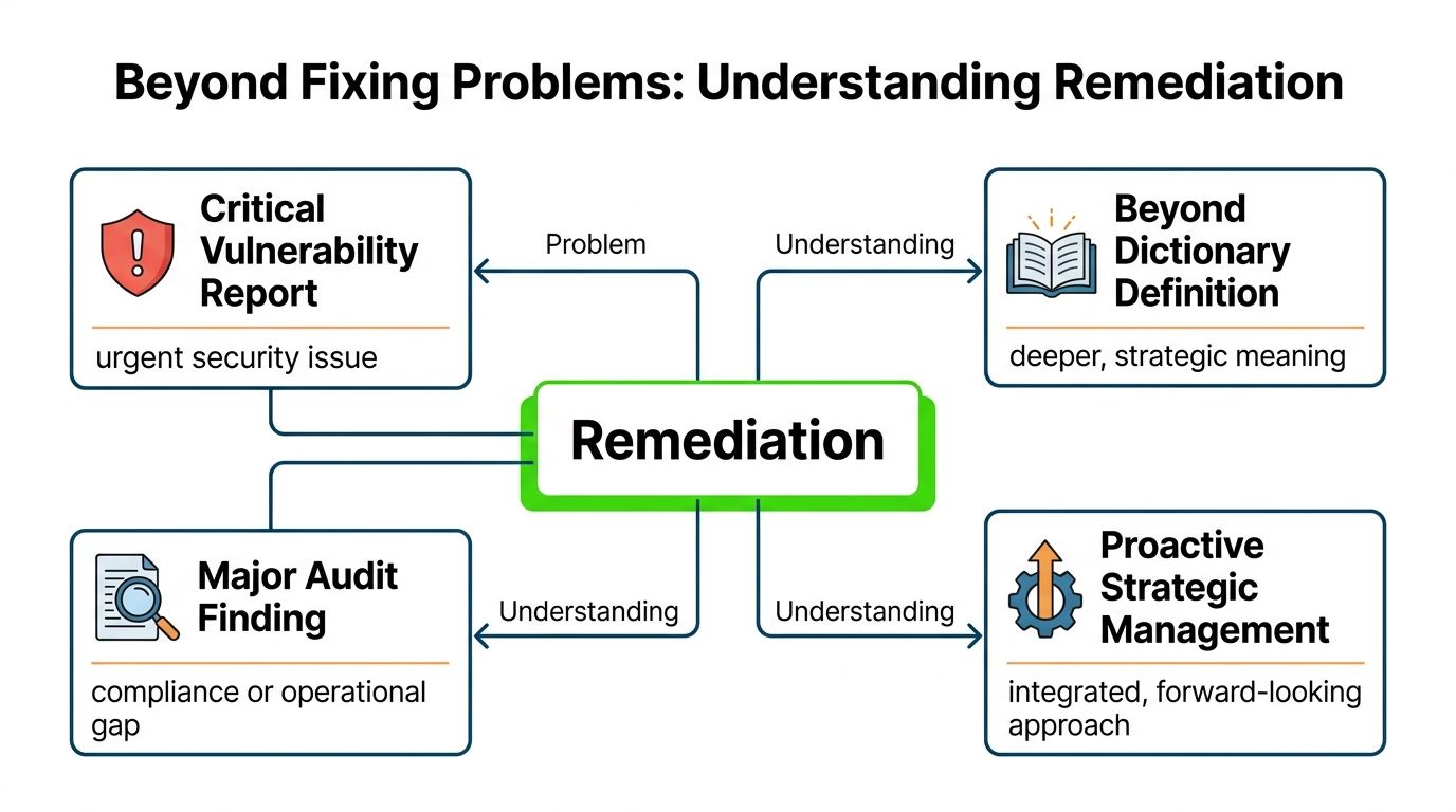 A diagram explaining remediation by connecting security problems to deeper strategic management and understanding.