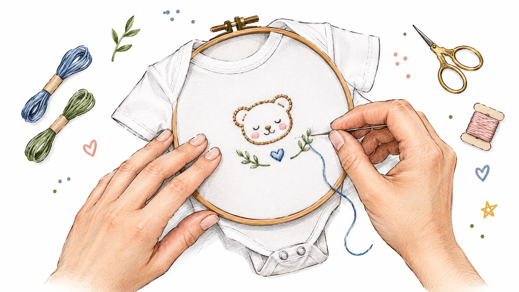 Hands embroidering a cute bear design onto a white baby bodysuit inside a wooden embroidery hoop.