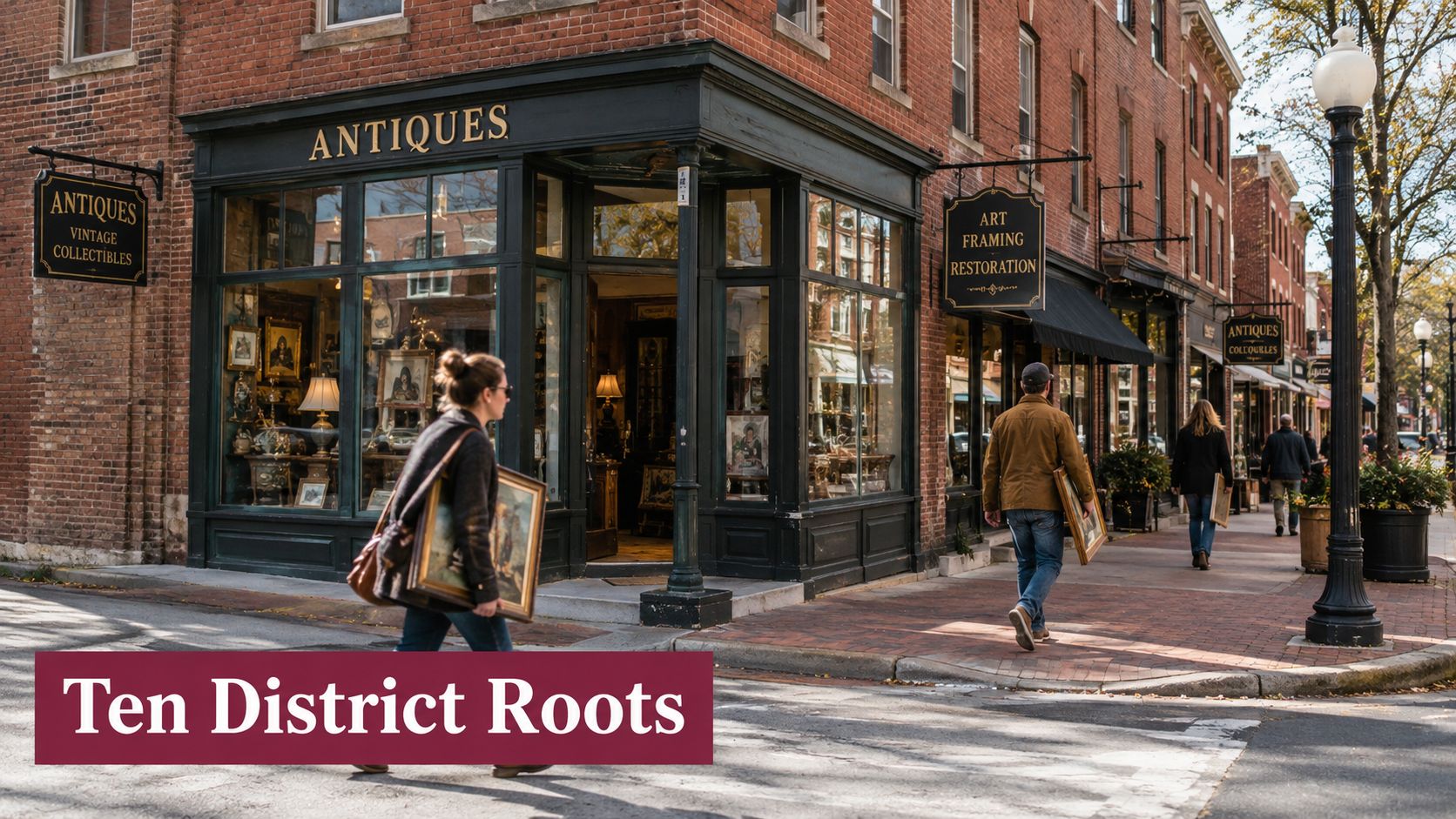 People carrying framed art pieces walking past historic brick storefronts on a charming downtown street corner.