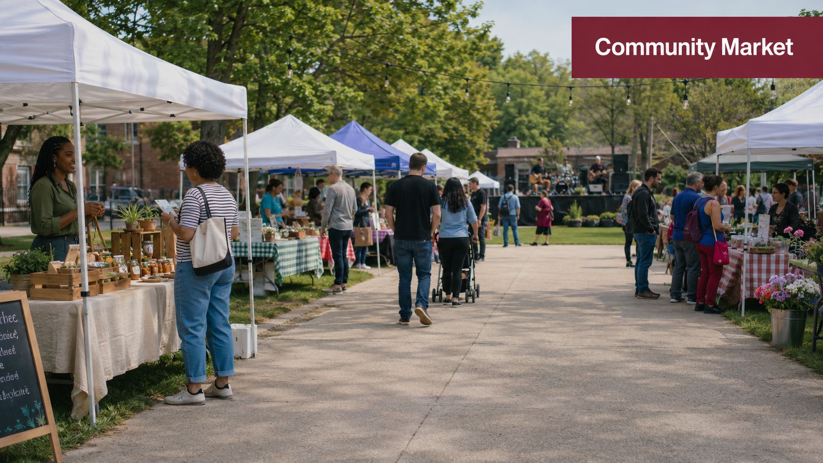 People browsing local vendor stalls and enjoying live music at an outdoor community farmer's market.