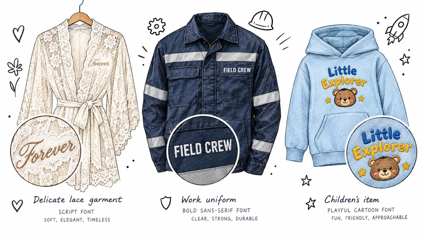 Three examples of embroidery styles on garments: a lace robe, work jacket, and children's blue hoodie.