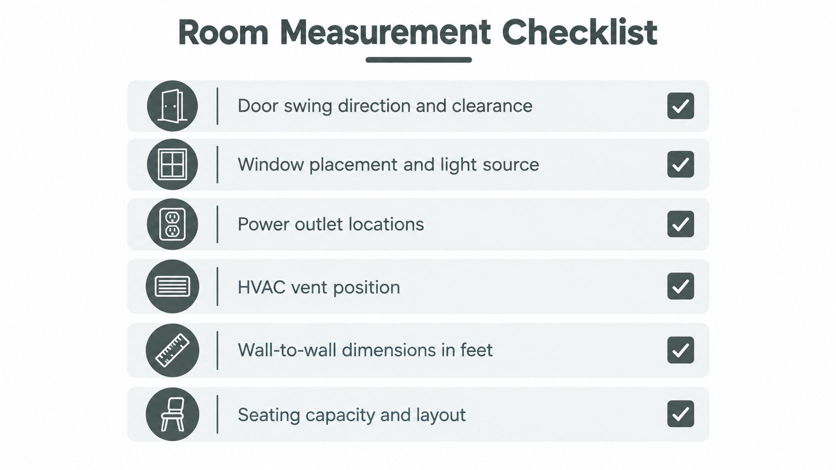 A room measurement checklist featuring icons for doors, windows, outlets, HVAC vents, dimensions, and seating arrangements.