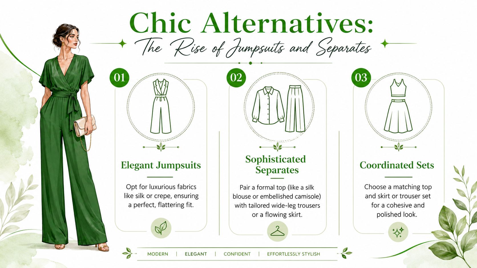 A fashion infographic showcasing three elegant alternatives for formal dinner attire, featuring jumpsuits and coordinated separates.
