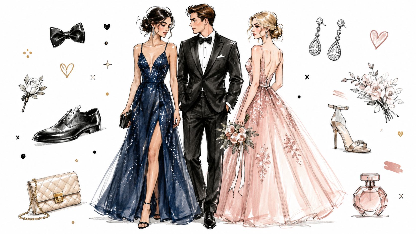 A fashion illustration of a man in a tuxedo between two women in elegant formal gowns.