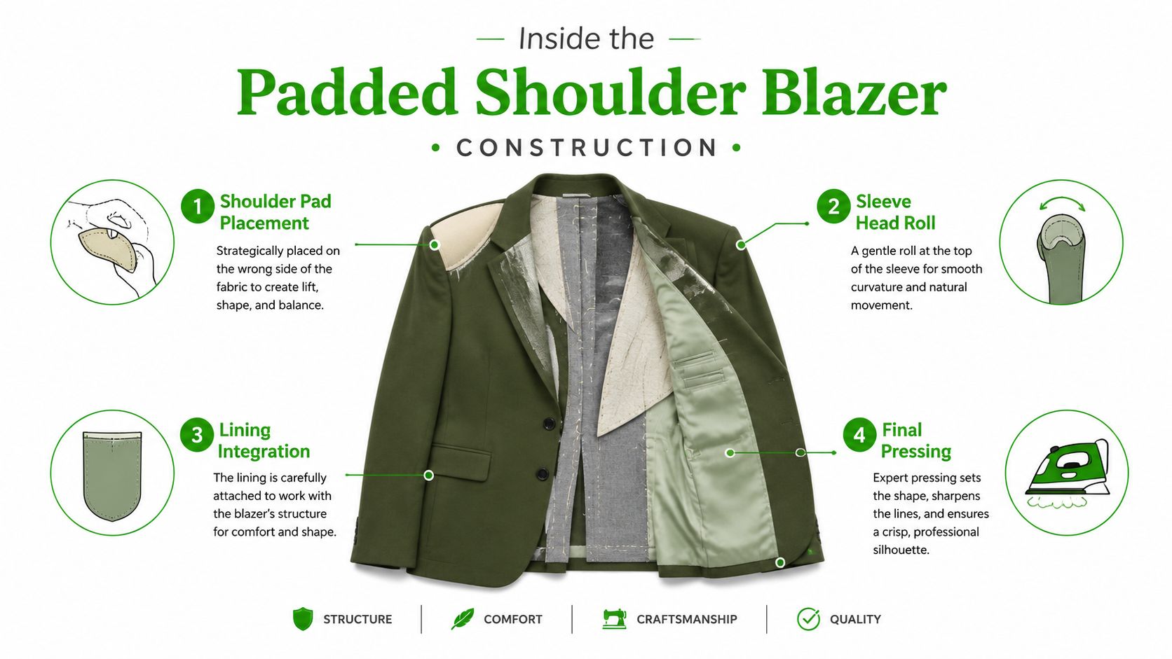 An infographic showing the internal construction details of a green padded shoulder blazer including step-by-step assembly processes.