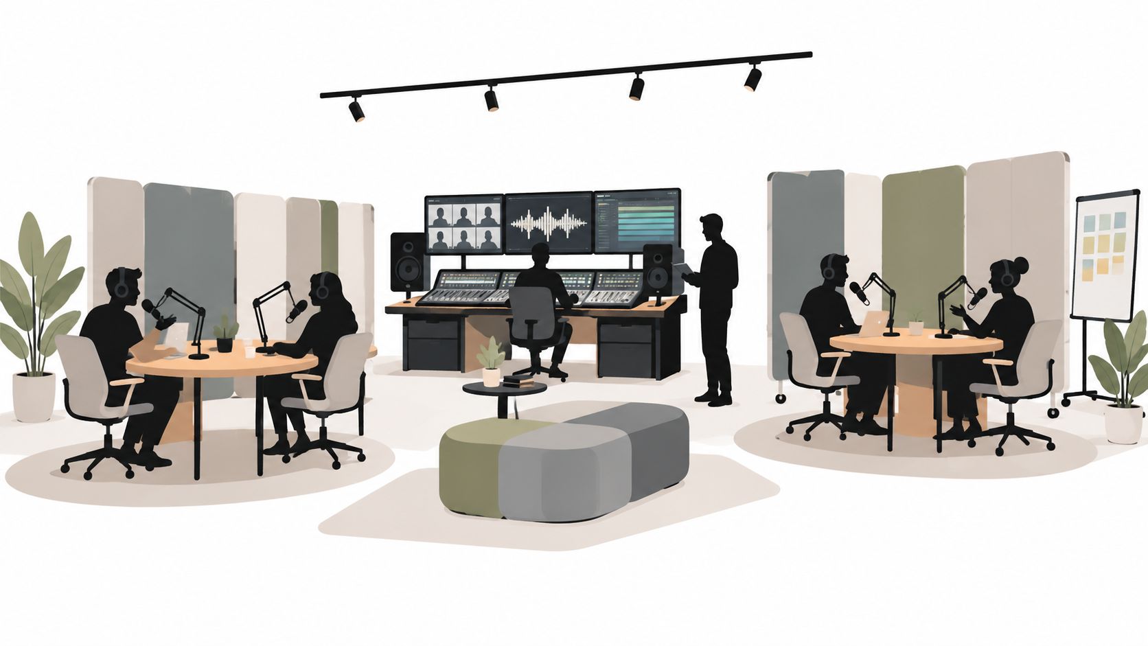 A modern, minimalist podcast studio layout with people recording audio at tables and editing at consoles.