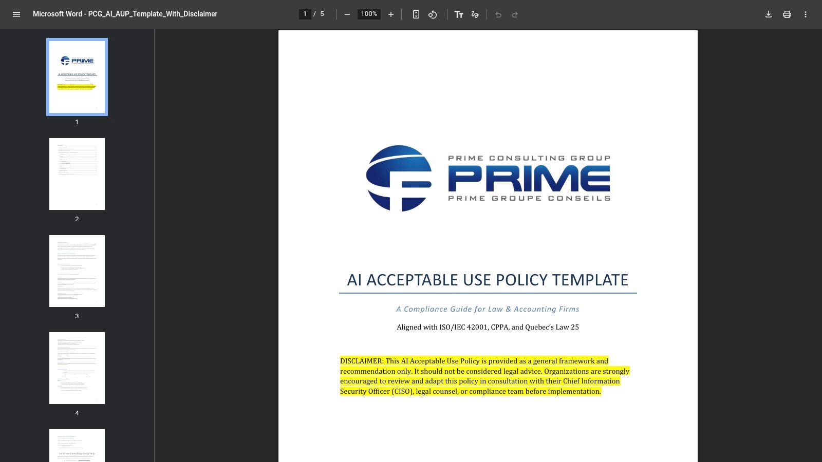 Prime Consulting Group AI Acceptable Use Policy Template