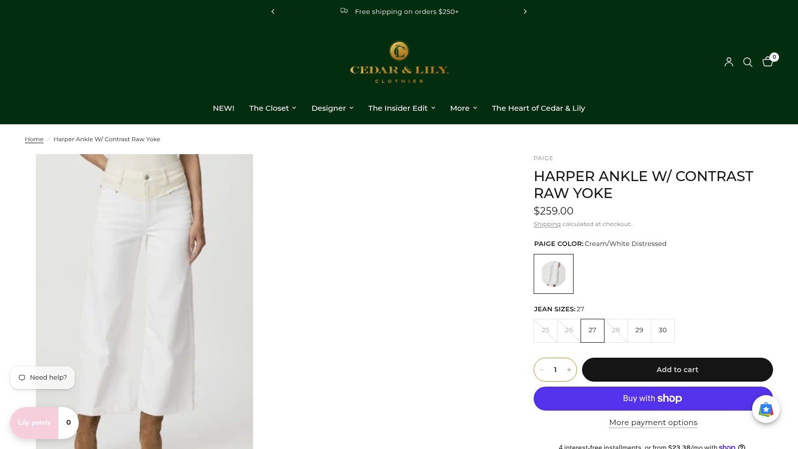 Screenshot from https://cedarandlilyclothier.com/products/paige-harper-ankle-w-contrast-raw-yoke