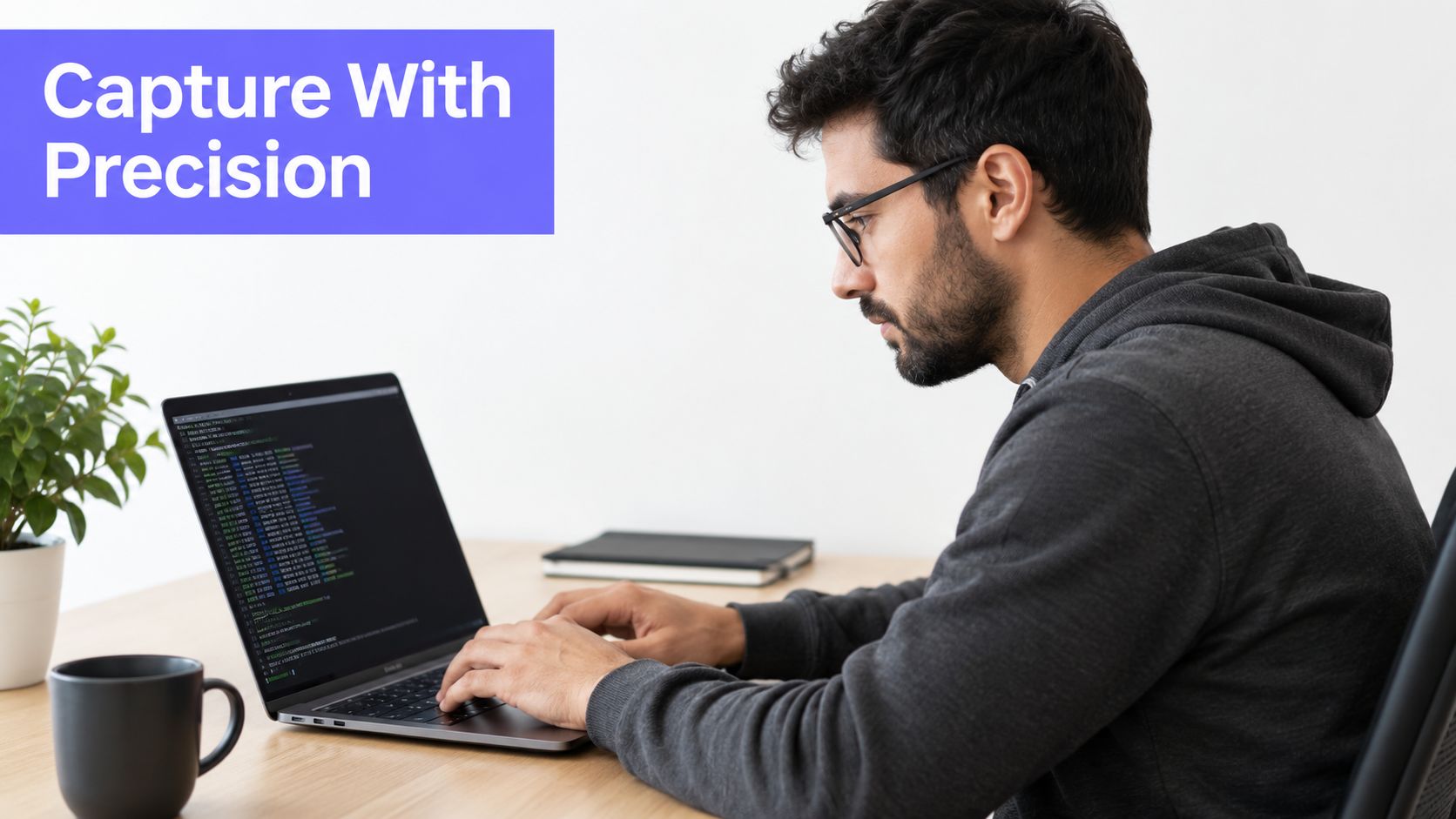 A focused man with glasses wearing a grey hoodie while coding on a laptop at his desk.