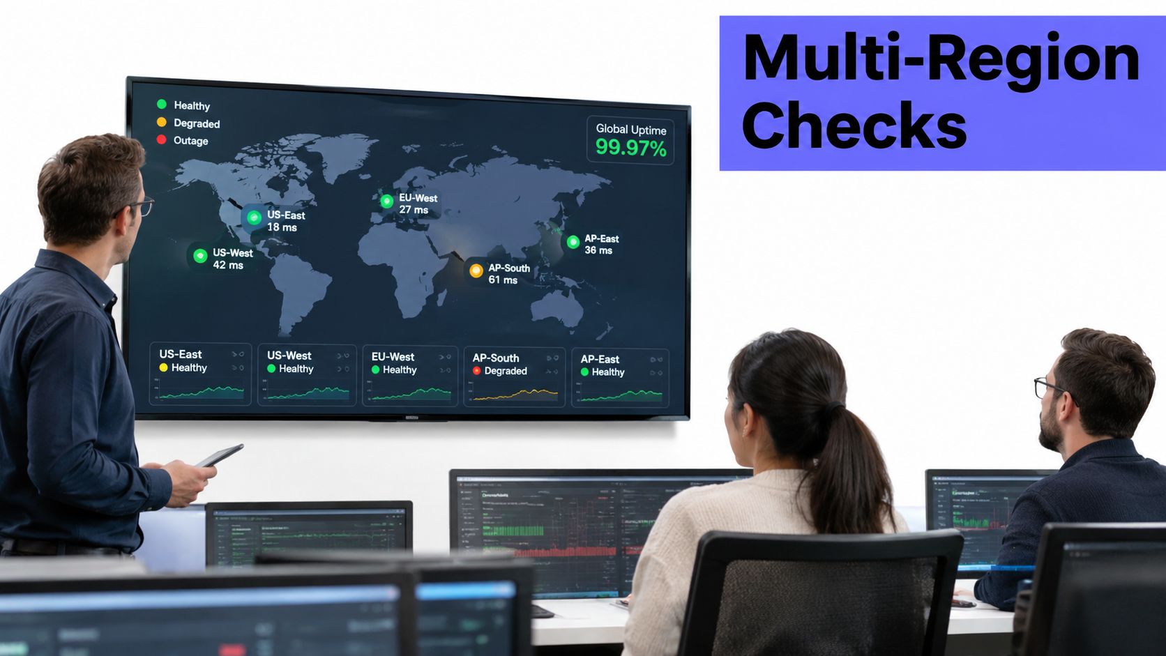A professional team monitoring multi-region network status and cloud server performance on large digital dashboards.