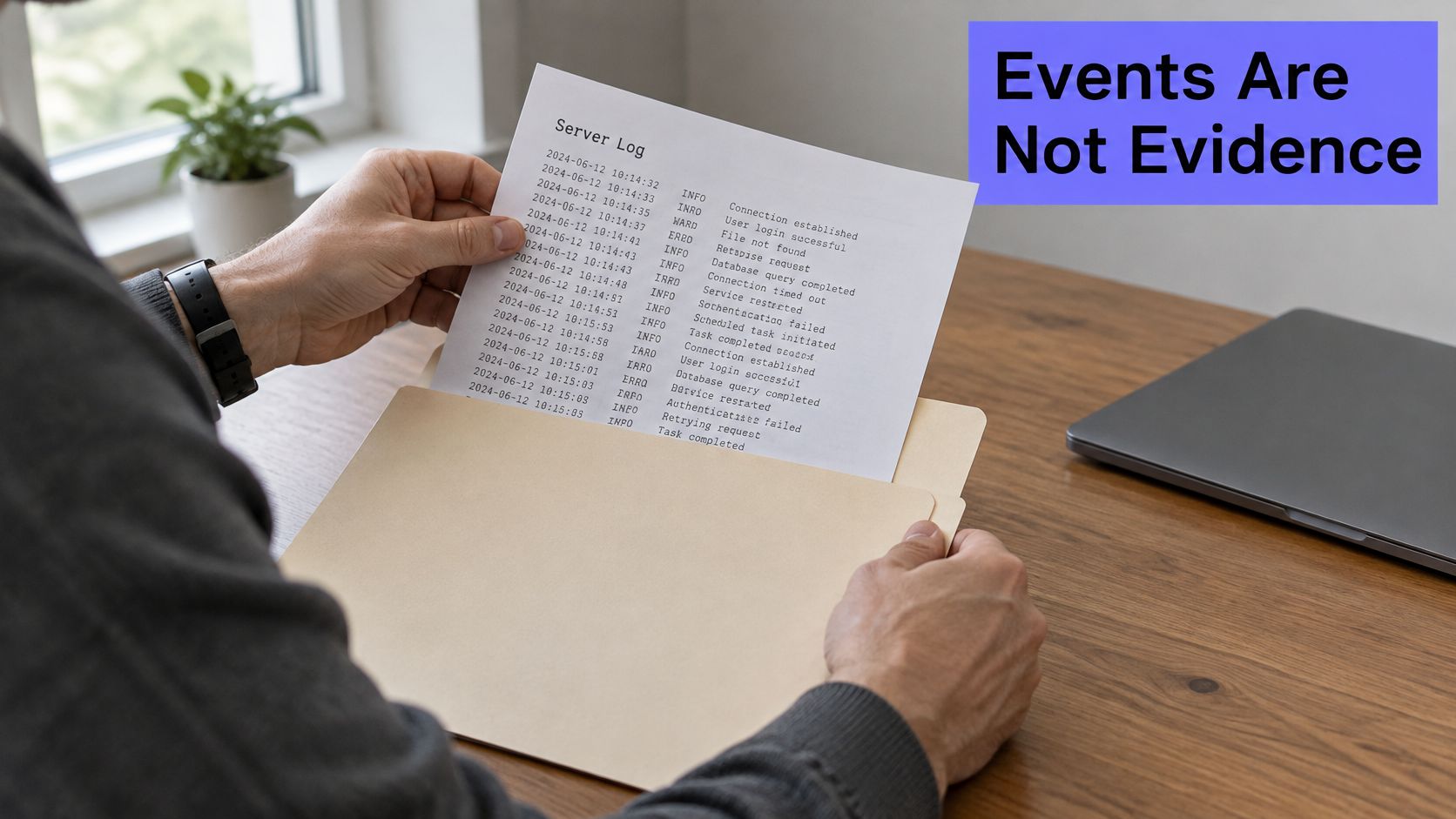 A person holds a paper document labeled Server Log while sitting at a wooden desk with a laptop.