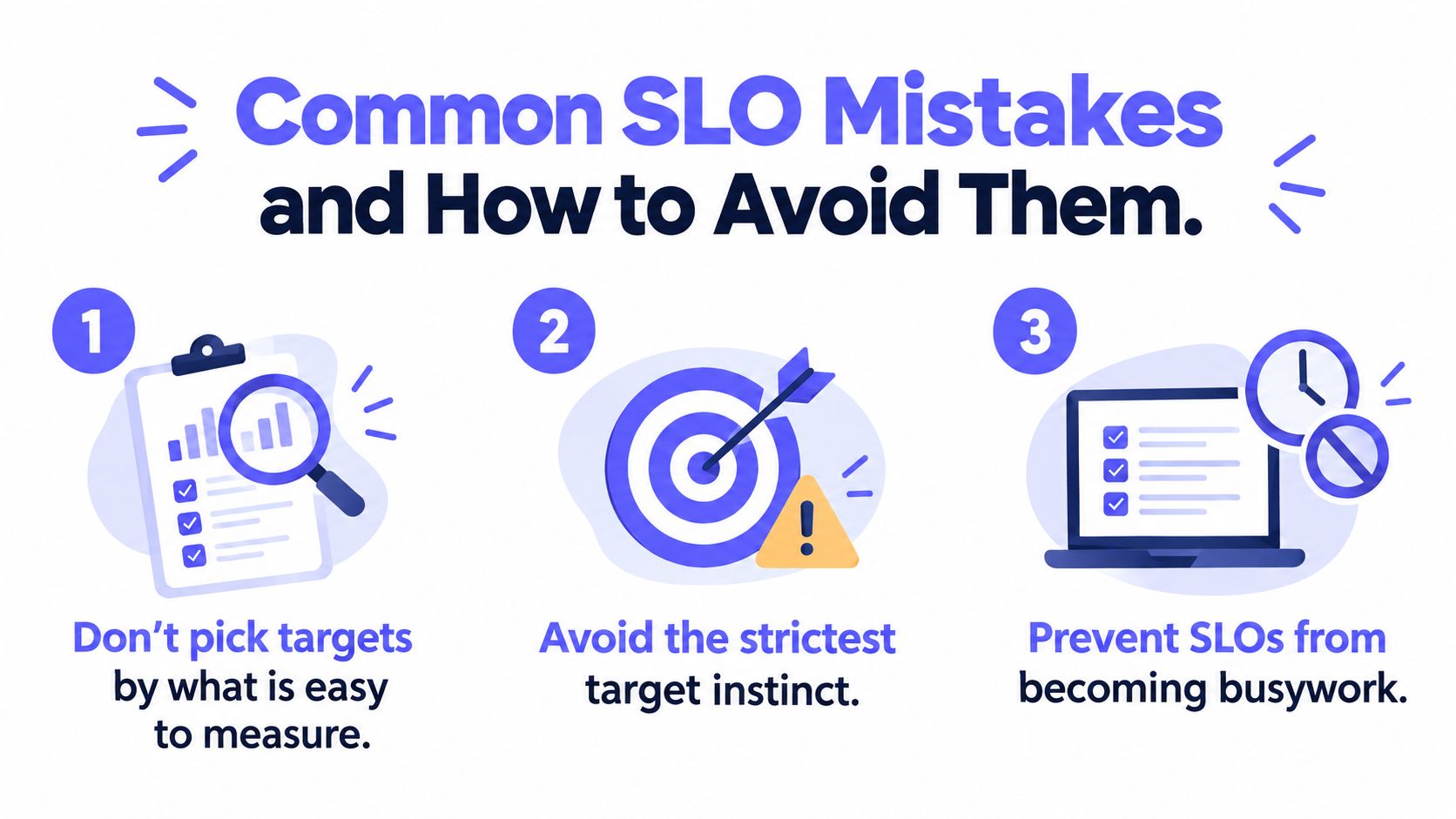 A graphic illustration detailing three common mistakes to avoid when setting Service Level Objectives for your business.