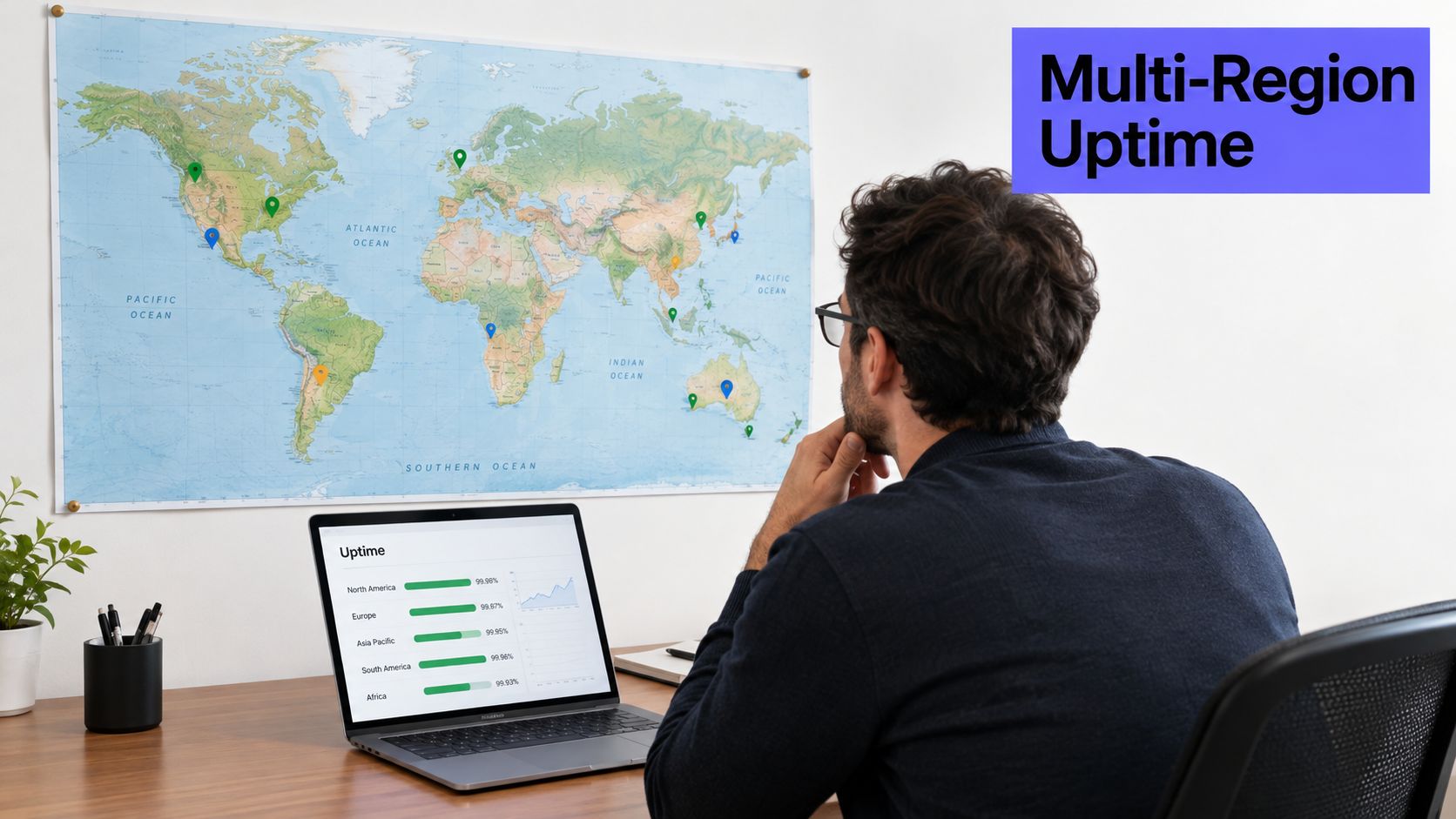 A professional analyzing multi-region server uptime statistics on a laptop with a global map on the wall.