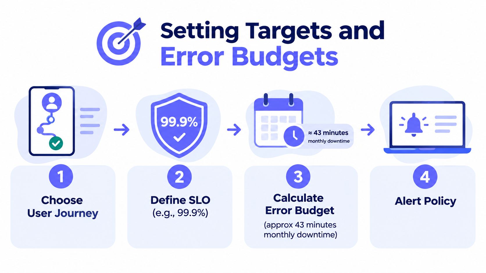 A four-step infographic illustrating how to set service level objectives and manage error budgets for reliability.