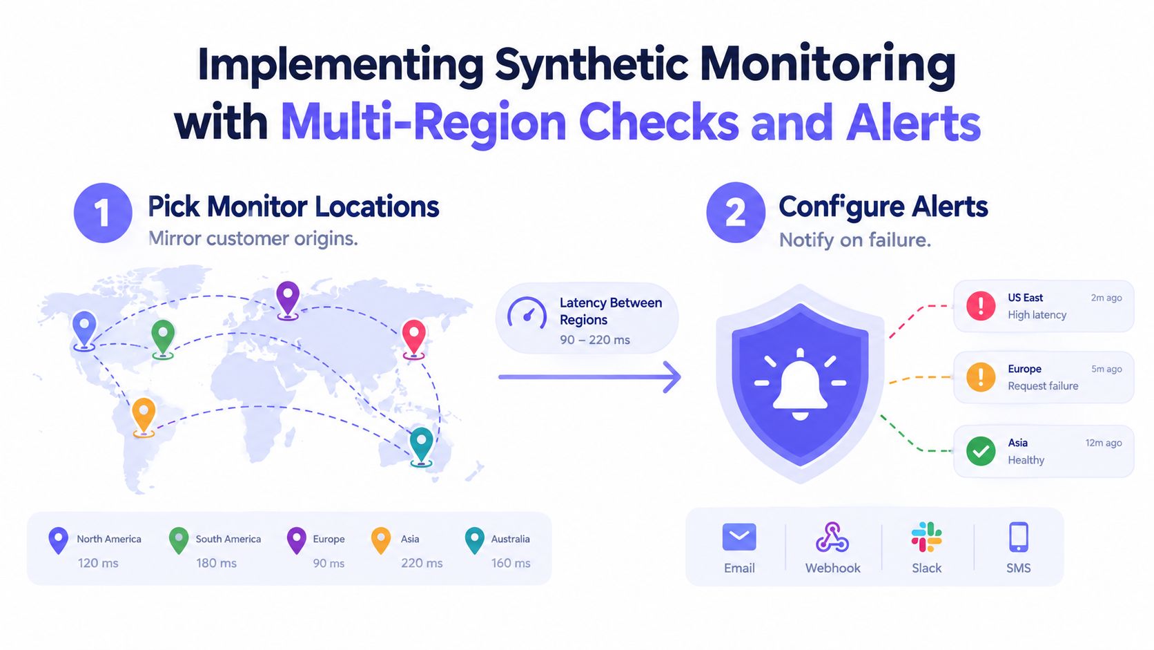 A diagram illustrating the process of implementing synthetic monitoring through multi-region location checks and automated failure alerts.