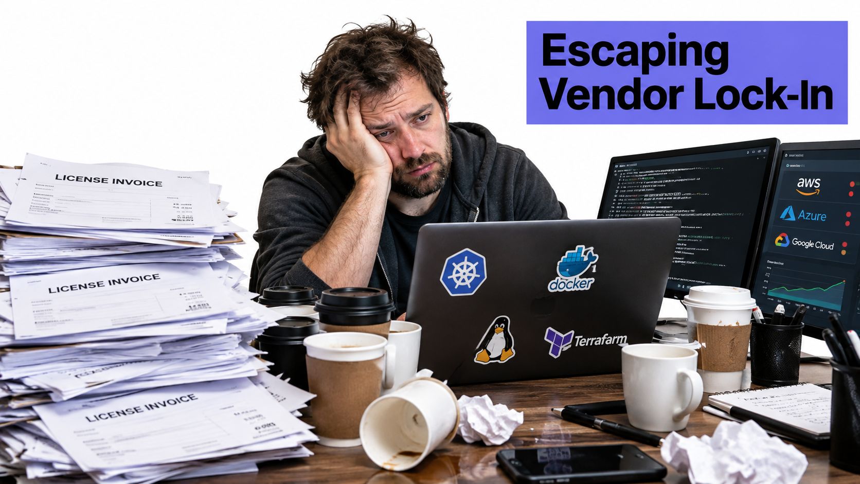 A tired software developer stressed by excessive license invoices while working at a cluttered office desk.
