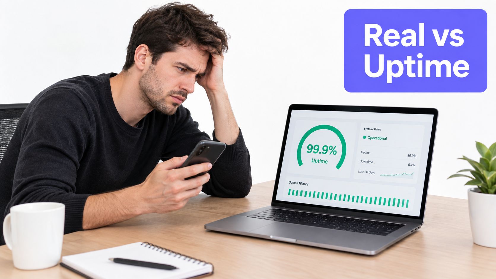 A concerned man looking at his smartphone while sitting at a desk with an uptime monitoring laptop.