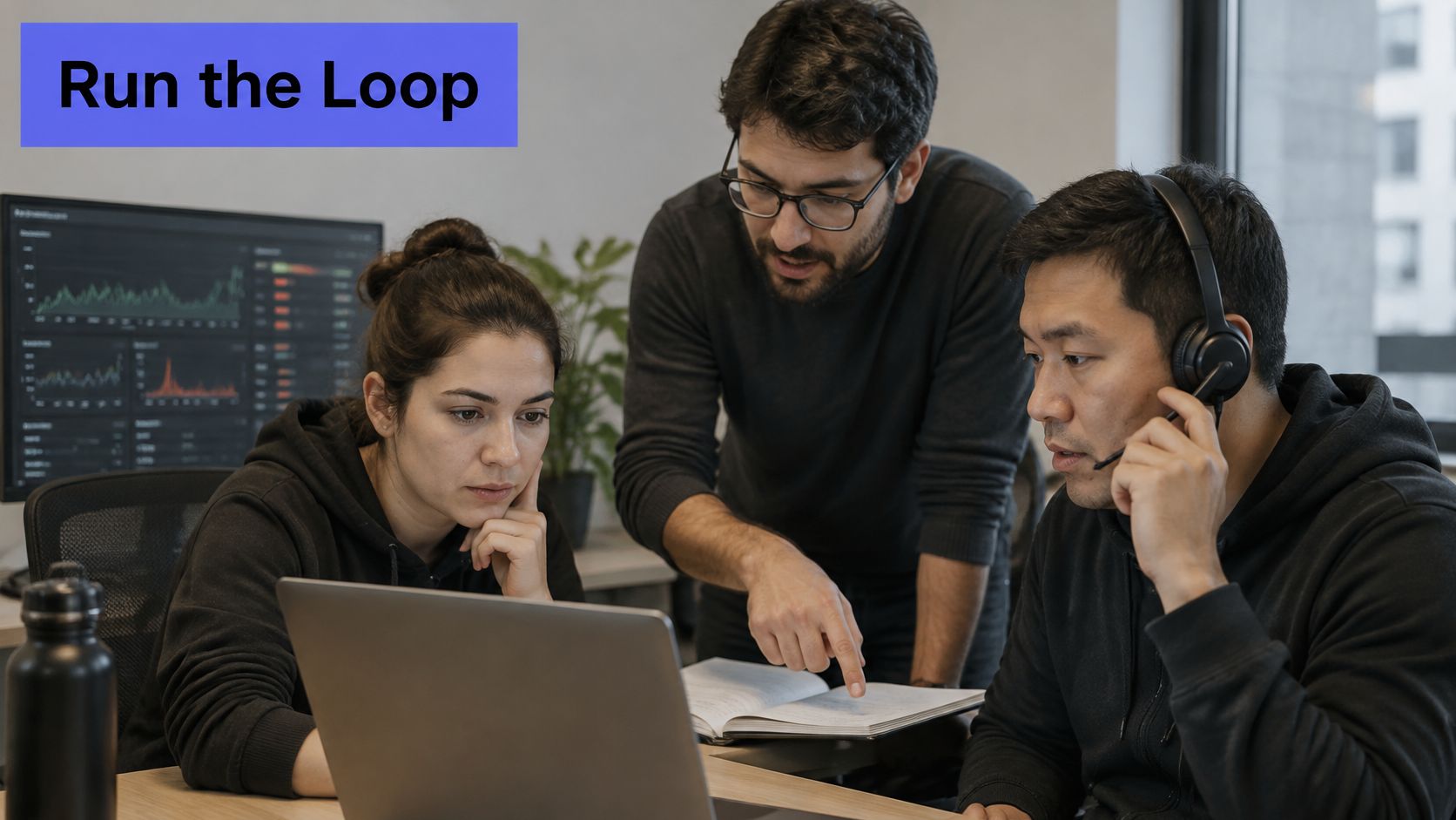 A diverse team of three data analysts collaborating closely while reviewing live metrics on a computer screen.