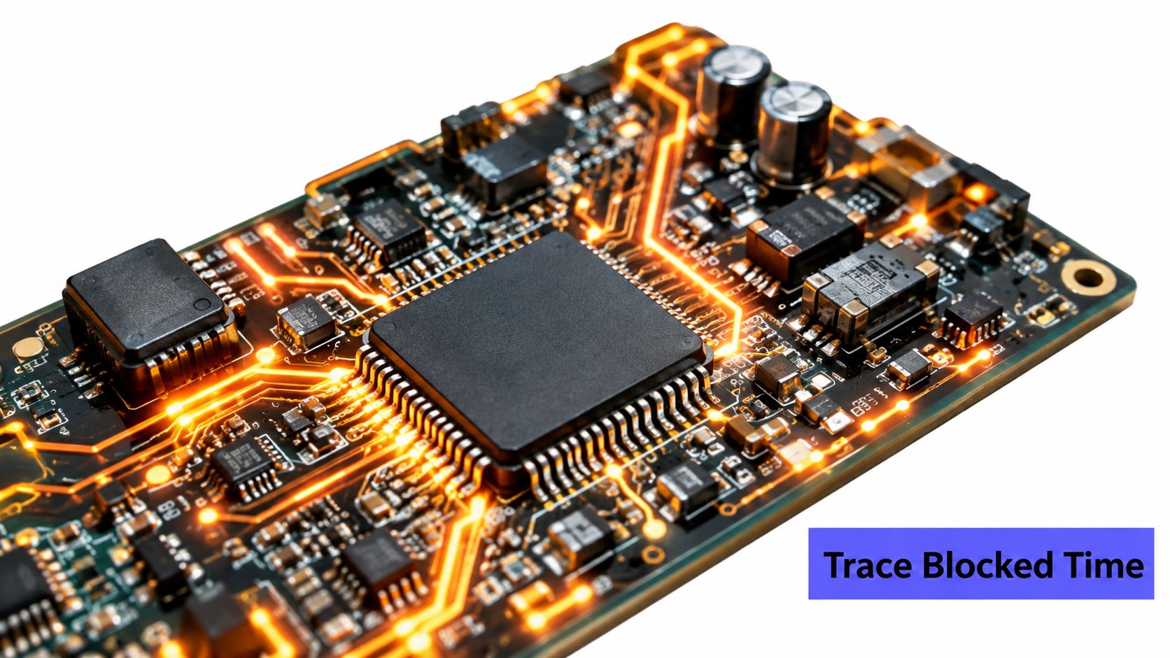 A close-up view of an electronic circuit board with glowing orange data paths and a central chip.